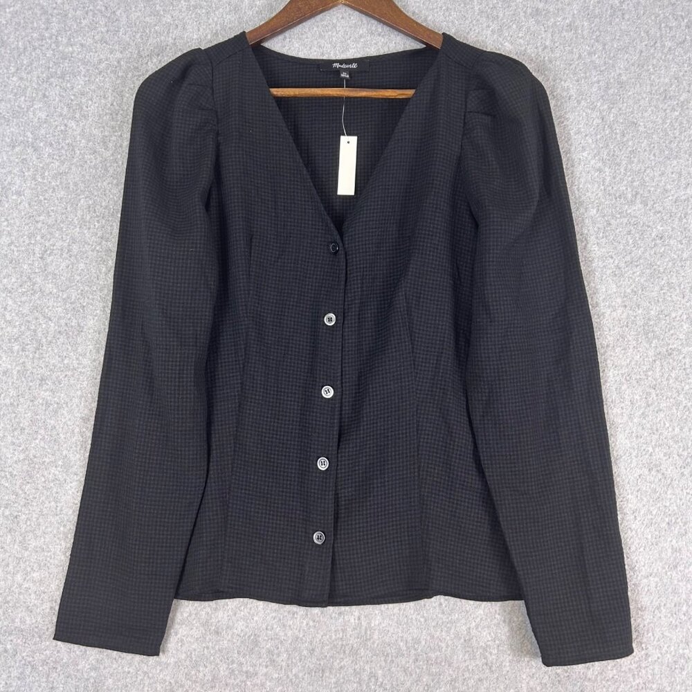 Madewell Shirt Women's 00 Black Check V-Neck Button Up Long Sleeve Preppy NWT